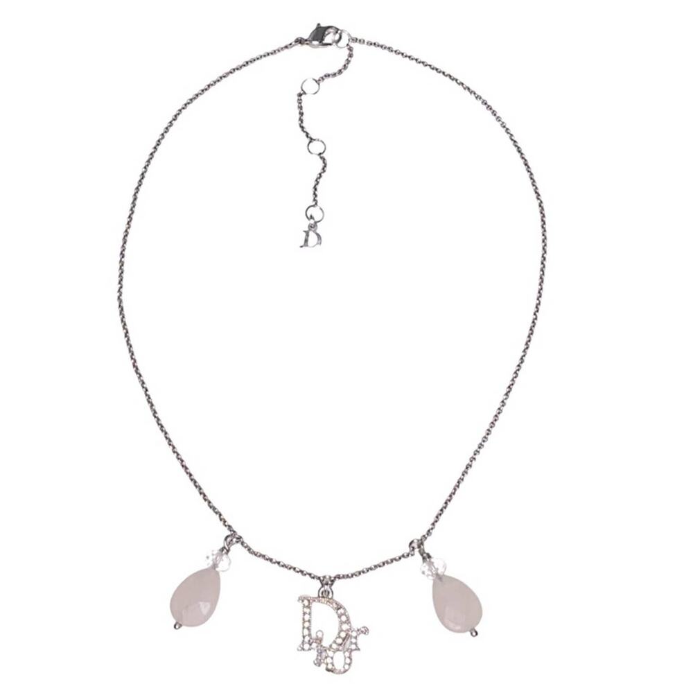 VTG Christian Dior Silver Chain Rhinestone Logo Pendant Rose Quartz Necklace